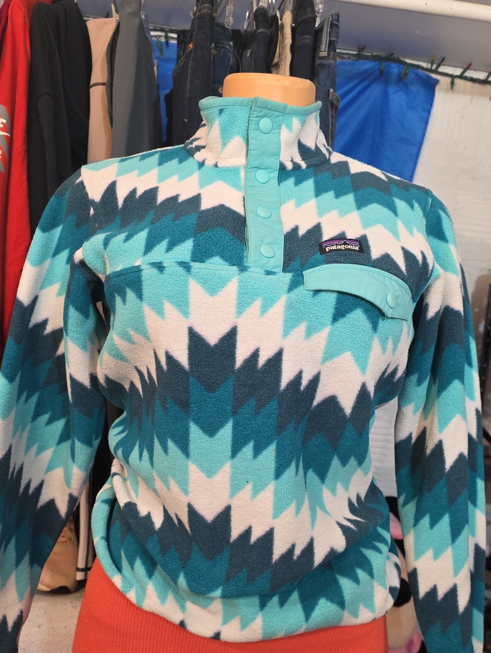 Patagonia Turquoise, Teal & White Geometric Snap-Up Fleece Pullover